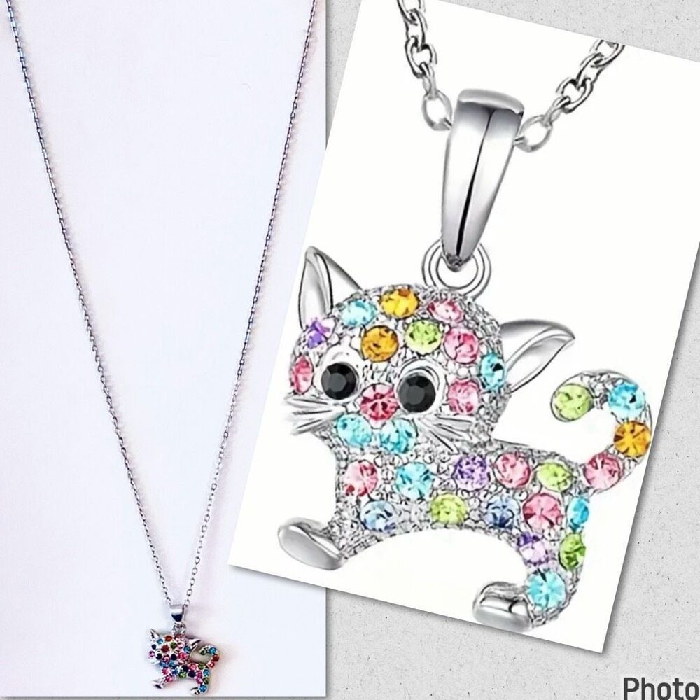 NWT Adorable Silver Kitty Cat Long Chain Necklace with Colorful Rhinestones